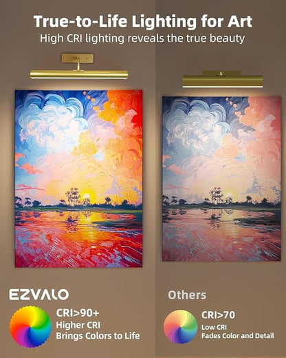EZVALO 16'' Picture Lights for Wall, Rechargeable 6000mAh Painting Lights with Remote, Wireless Dimmable 3 Color Temperatures Art Lights for Gallery, Living Room, Hallway (Gold, 3 Pack)