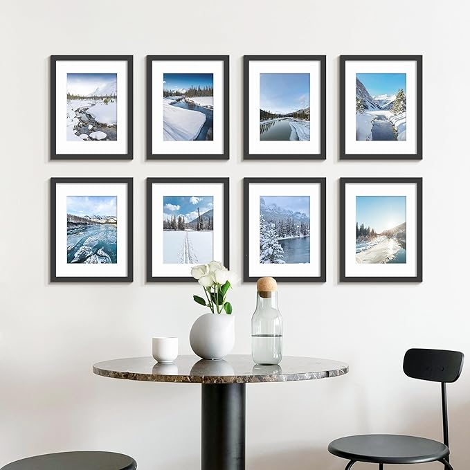 Wiscet 8.5x11 Picture Frame Set of 9, Display Pictures 6x8 with Mat or 8.5x11 Without Mat, Photo Frame for Wall Mounting or Tabletop Display, Black