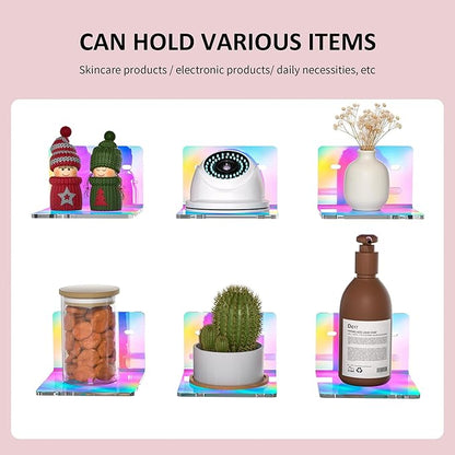 4 Inches Iridescent Small Wall Shelves, 4mm Thickness Acrylic Small Floating Shelf for Figures, Plants, Security Cameras, Speakers, Moisture-Proof, 2 Pack