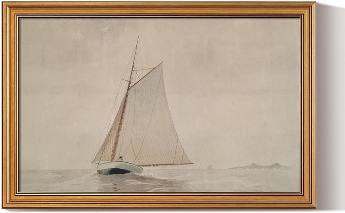 HUARCEY Gold Framed Vintage Wall Art for Living Room, Seaview Painting Prints Shelf Decor for Kitchen, Aesthetic Bedroom Large Wall Art, Gifts for Friends or Family (White Sailboat - 16