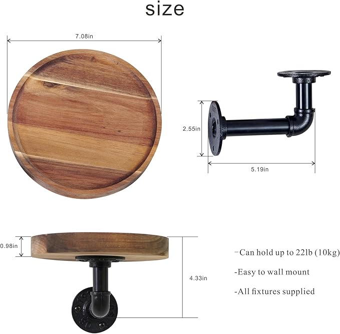 Round Wooden Floating Shelves Wall Mounted (Set of 2). Made of Acacia Wood. Industrial Pipe Brackets. A Unique Rustic Pedestal for Plants and Ornaments. Diameter 7.1 inches.