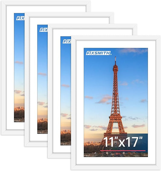 FIXSMITH 11x17 Picture Frame White Set of 4, Photo Frame with HD Plexiglass, Display Pictures 9x15 with Mat or 11x17 Without Mat, White Picture Frames Collage Wall Decor, Gallary Wall Frame
