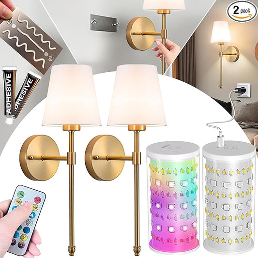 Peel and Stick Wall Sconces, Stick On Wall Sconce Set of 2, Battery Operated Wireless Wall Light, No Drill Adhesive Wall Lamp, Corn Bulb with 10000mAh Rechargeable Battery, Bedroom Wall Decor