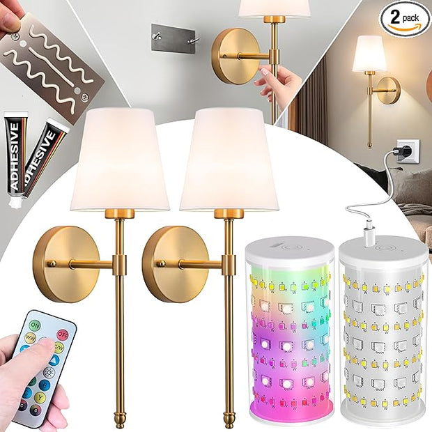 Peel and Stick Wall Sconces, Stick On Wall Sconce Set of 2, Battery Operated Wireless Wall Light, No Drill Adhesive Wall Lamp, Corn Bulb with 10000mAh Rechargeable Battery, Bedroom Wall Decor