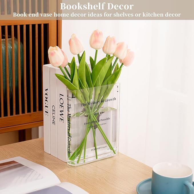 Puransen Clear Bookend Vase for Flowers - Aesthetic Room Decor for Modern Home/Office, Minimalist Shelf Organizer with Floral Display, for Book Lovers & Interior Design Enthusiasts
