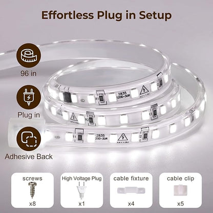 96inch Plug in Under Cabinet Lighting Strip for Kitchen, 120V Bright LED Under Counter Lights 6000k White Slim, Luces para Cocina Bajo Gabinete Under Shelf Wired Light for Sink/Workbench/Bookshelf