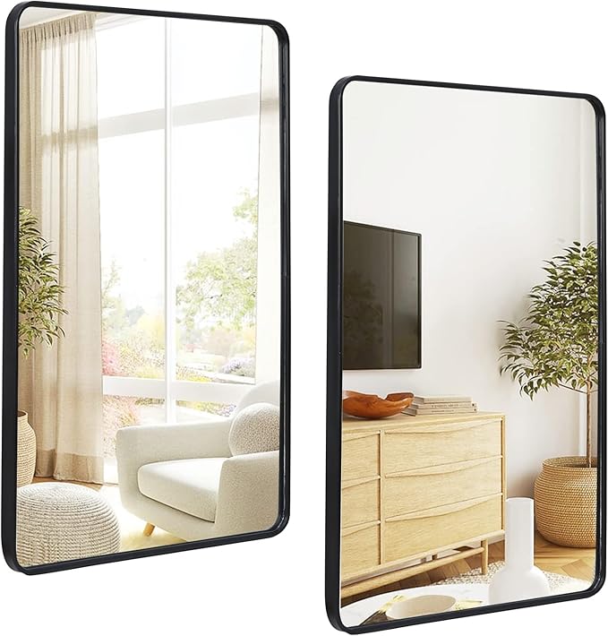 ZenStyle 2 Packs Wall Mount Mirror for Bathroom, 24 x 36 Inch Black Metal Framed Rounded Corner Rectangular Mirror with Peaked Trim for Entryways, Living Rooms, Bathrooms