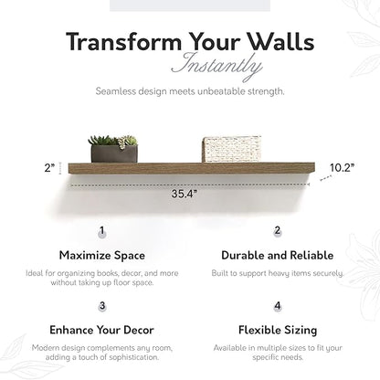 Lewis Hyman, InPlace Shelving, Floating Shelf with Invisible Brackets, 10.2" D x 35.4" W x 2" H, Rustic Wood, 9602048E