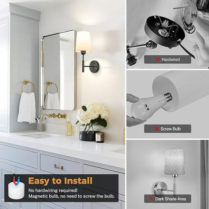 Wall Sconces Battery Operated, Battery Operated Wall Sconce with 13000mAh Magnetic Bulbs and Remote, Rechargeable Wall Sconce Set of 2, WirelessWall Lamp/Lights for Bedroom (Black)