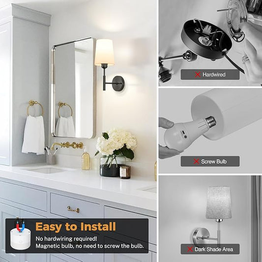Wall Sconces Battery Operated, Battery Operated Wall Sconce with 13000mAh Magnetic Bulbs and Remote, Rechargeable Wall Sconce Set of 2, WirelessWall Lamp/Lights for Bedroom (Black)
