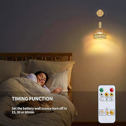 Boho Battery Operated Wall Sconce, Wireless Sconces Set of 2 with Remote, Rattan Upgrade Rechargeable Wall Sconces Set of Two for Bedroom, Living Room, Entryway, 3 Colors Dimmable (Gold)