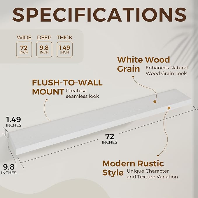Dreamland 72 Inches Floating Shelves for Wall, 9.8" Deep Long Floating Shelves Set of 1, Large Display & Storage Shelf, Wall Shelf for Bathroom Bedroom Living Room Kitchen Office, White