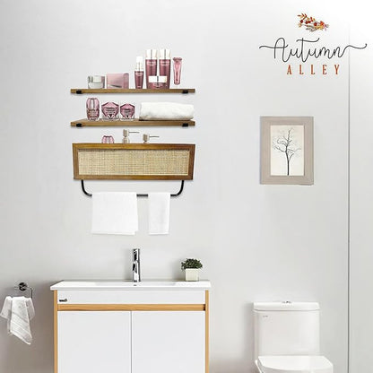 Autumn Alley Modern Organic Floating Shelves for Bathroom – Above Toilet Shelves with Rattan Basket Caning Organizer, Wood Floating Shelf Storage, Wall Shelves Bathroom Décor, 3 Tier