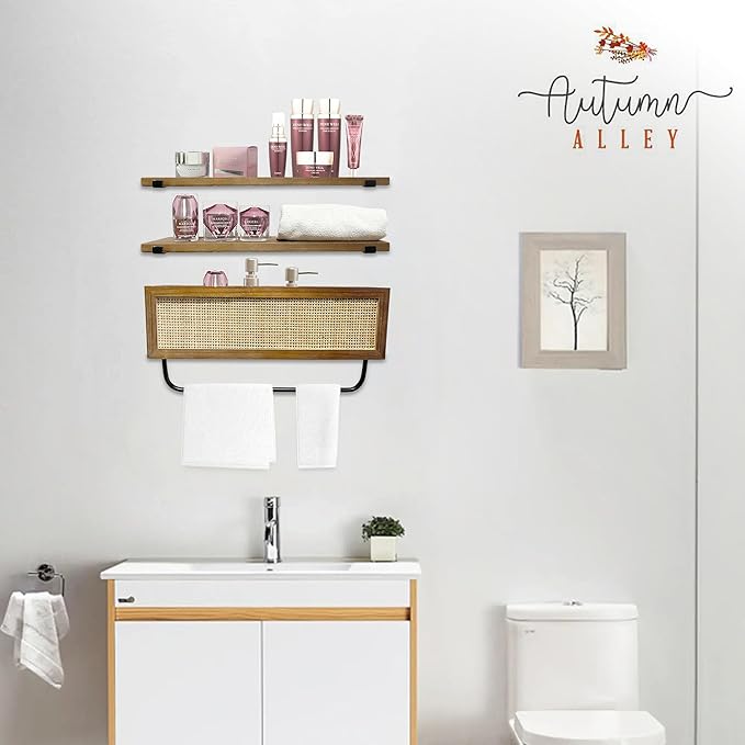 Autumn Alley Modern Organic Floating Shelves for Bathroom – Above Toilet Shelves with Rattan Basket Caning Organizer, Wood Floating Shelf Storage, Wall Shelves Bathroom Décor, 3 Tier