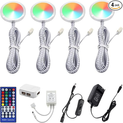 AIBOO RGBW RGB + White Color Changing Christmas Xmas Under Cabinet LED Lights Kit IR Remote Puck Lights for Kitchen Counter Shelf Furniture Ambiance Lighting (RGBW, 4 Lights, 12W)