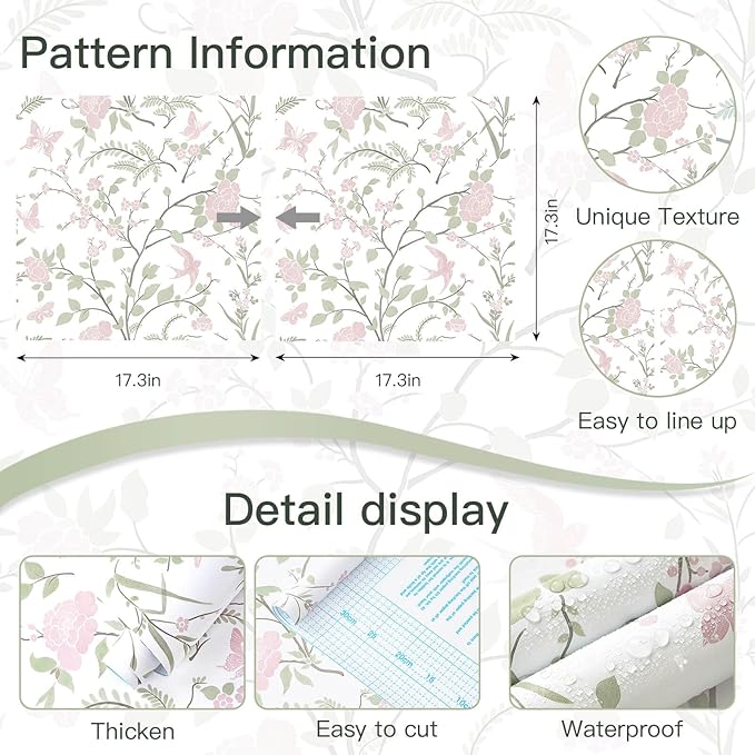 Floral Wallpaper Pink/Green Wallpaper Vintage Peel and Stick Wall Paper Boho Botanical Contact Paper for Cabinets Bird Butterfly Renter Friendly Self-Adhesive Bathroom Bedroom 78.7