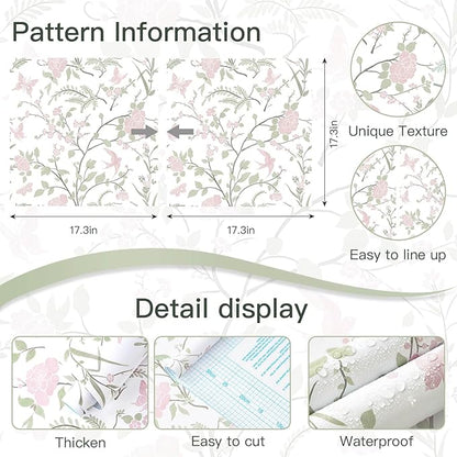 Floral Wallpaper Pink/Green Wallpaper Vintage Peel and Stick Wall Paper Boho Botanical Contact Paper for Cabinets Bird Butterfly Renter Friendly Self-Adhesive Bathroom Bedroom 393"×17.3"