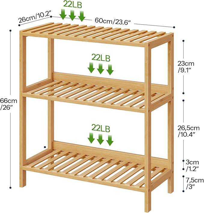 HOOBRO Bamboo Storage Shelf, 3-Tier Freestanding Shelving Unit, Multifunctional Storage Rack with Back Panel, 23.6 x 10.2 x 26 inches, for Bathroom, Living Room, Balcony, Kitchen, Natural YL94CJ01