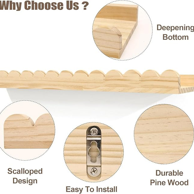 Nursery Book Shelves 24Inches-Floating Shelves for Bedroom Kids, Scalloped Shelves for Wall 2 Pack, Scalloped Shelf for Toddler Room, Baby Room, Nursery Decor, Natural, Large