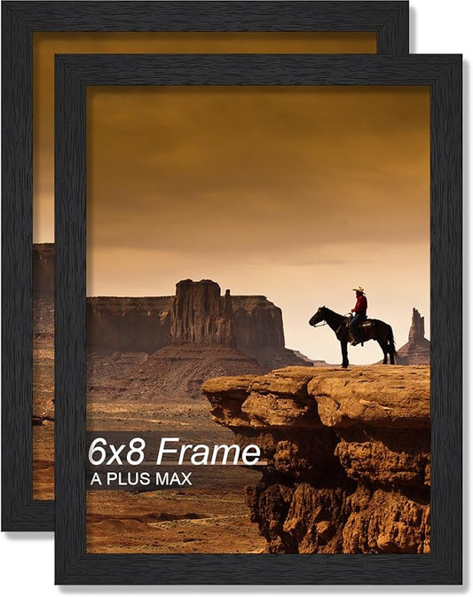 A PLUS MAX 6x8 Picture Frame Set of 2, Black Engineered Wood Frame for 6 x 8 Inch Picture Poster Photo, Light Weight 6 by 8 Frame with Wood-grain for Wall - 2 Pack/Black/6"x8"