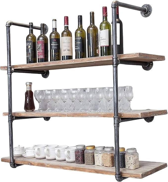 Industrial Wall Mounted Iron Floating Pipe Shelves/Shelving/Racks/Storage/Bookcases/Brackets, DIY Open Bookshelves/Shelving for Kitchen/Office, Retro Black,(4-Tier Shelf Brackets,Not Include Planks)