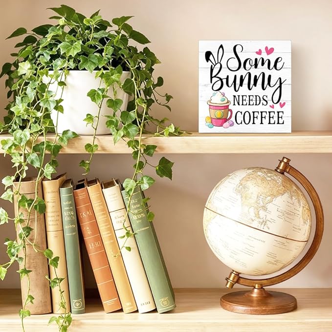 Some Bunny Needs Coffee Easter Wood Block Plaque Box Sign for Home Living Room Coffee House Bar Shelf Table Office Decoration, Easter Farmhouse Decor Gifts for Friend Family