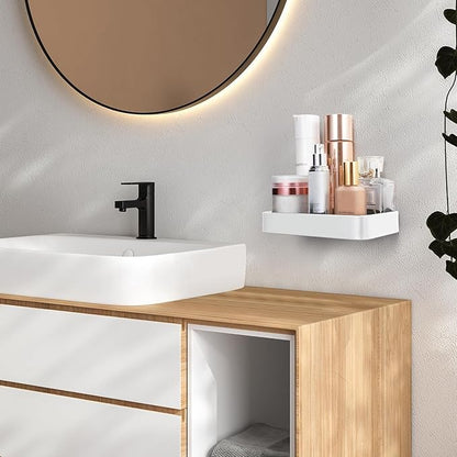Z metnal Small Glass Bathroom Shelves, White Floating Wall Shelf, Mini Wall Mounted (White Clear Glass, 8 inch/20cm)