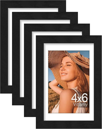 Vittanly 4x6 Picture Frame Set of 4, Display Pictures 3.5x5 with Mat or 4x6 without Mat, Engineered Wood with Shatter Resistant Plexiglass, Small Photo Frames for Wall or Tabletop Display, Black