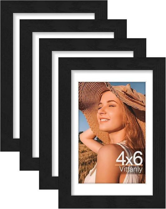 Vittanly 4x6 Picture Frame Set of 4, Display Pictures 3.5x5 with Mat or 4x6 without Mat, Engineered Wood with Shatter Resistant Plexiglass, Small Photo Frames for Wall or Tabletop Display, Black