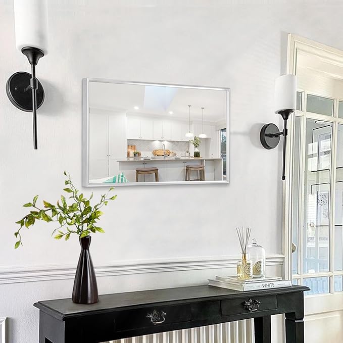AAZZKANG Metal Frame Mirror Rectangle Wall Mounted Mirrors Decorative Modern for Bedroom Bathroom Living Room Vertical or Horizontal Silver 20