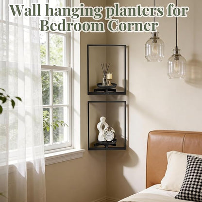 BXF Corner Wall Planters for Indoor Plants, 90 Degree Floating Shelves. Heavy Duty Mounted Holder, Minimalist Hanging Decor. Window Shelf Fits 4-7 Inch Pots (Black, Frame 2 Pack)