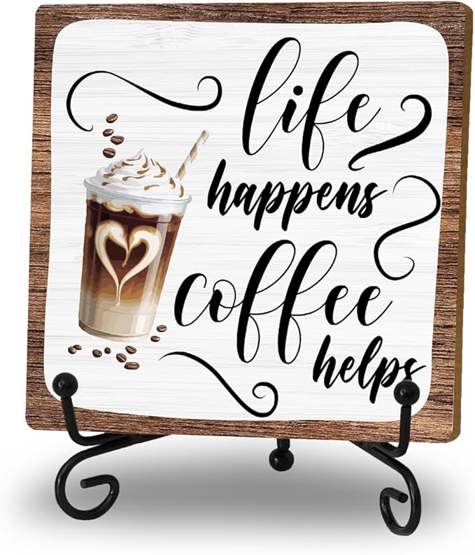 Coffee Lover Gifts for Women Men, Wooden Sign With Stand, Funny Coffee Bar Accessories for Farmhouse Home Kitchen Table, Table Decorations Supplies, Desk Shelf Cubicles for Bar Decoration Plaque Gifts