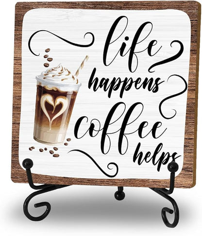 Coffee Lover Gifts for Women Men, Wooden Sign With Stand, Funny Coffee Bar Accessories for Farmhouse Home Kitchen Table, Table Decorations Supplies, Desk Shelf Cubicles for Bar Decoration Plaque Gifts