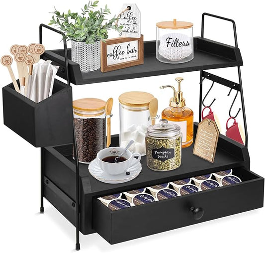 Coffee Bar Accessories and Organizer Countertop, Coffee Station Organizer 2 Tier Counter Shelf with Drawer, Condiment Storage Cup Lid Holder Countertop Shelf for Bathroom,Kitchen