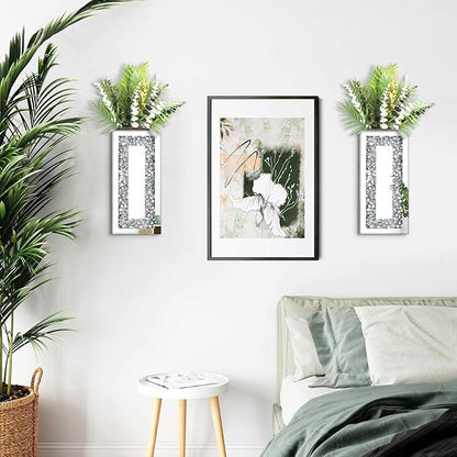 Crushed Diamond Mirrored Wall Decor Vase Crystal Silver Mirror Flower Vase Stunning Decorative Glass Hanging Planter for Home Decor Living Room Dining Room Bedroom Wall Decor.Can't Hold Water(2 Set)