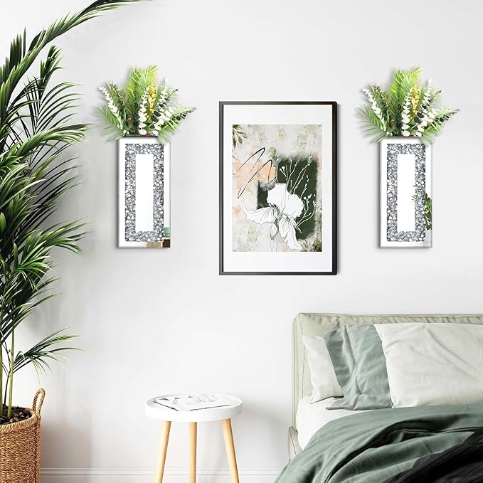 Crushed Diamond Mirrored Wall Decor Vase Crystal Silver Mirror Flower Vase Stunning Decorative Glass Hanging Planter for Home Decor Living Room Dining Room Bedroom Wall Decor.Can't Hold Water(2 Set)
