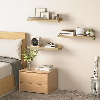 Floating Shelves for Wall Decor, Light Brown Wood Shelves for Bathroom, Living Room, Bedroom, Picture Frames, Plants, Kitchen (Set of 3)