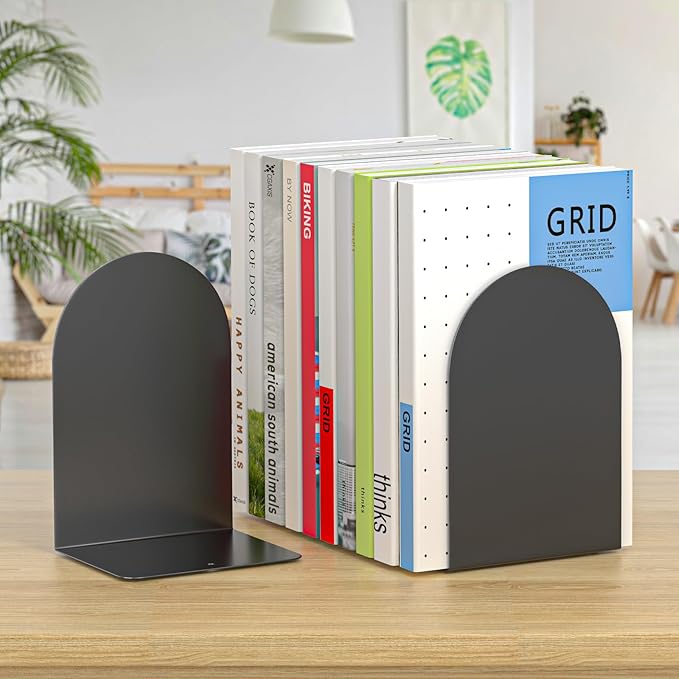 Bookends 2 Pairs, Metal Round Bookends for Shelves, Book Ends for Desk, Book End to Hold Books, Book Stopper, Black Bookend for Home Office