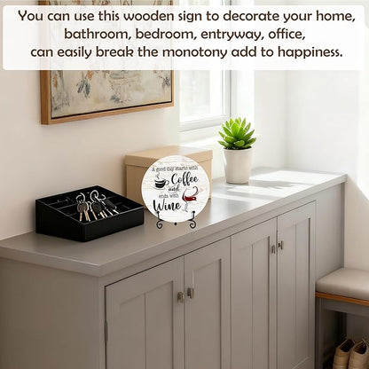 Coffee And Wine Desk Decor Sign, Rustic Funny Wooden Box Plaque, A Good Day Starts With Coffee And Ends With Wine Wood Sign, Decor For Home Kitchen Table Top, Wooden Round With Stand-22