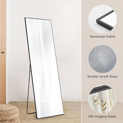 OLIXIS Full Length Mirror for Bedroom, 58"x19" Full Body Mirror with Stand, Hanging or Leaning for Wall, Aluminum Alloy Thin Frame Floor Standing for Living Room, Long, Black