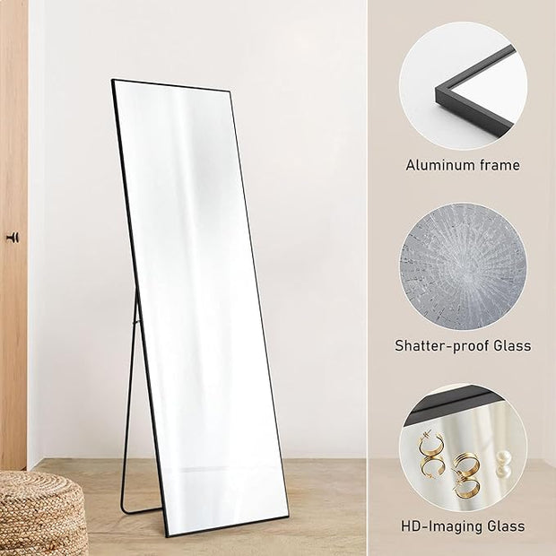 OLIXIS Full Length Mirror for Bedroom, 58"x19" Full Body Mirror with Stand, Hanging or Leaning for Wall, Aluminum Alloy Thin Frame Floor Standing for Living Room, Long, Black