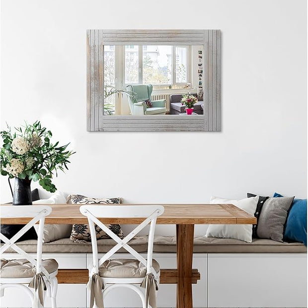 Rustic Mirror Wooden Frame Rectangular Antique Wall Mirror Decor Farmhouse Bedroom Dresser Bedroom Entryway Mirror Large Light Gray 20"x16"
