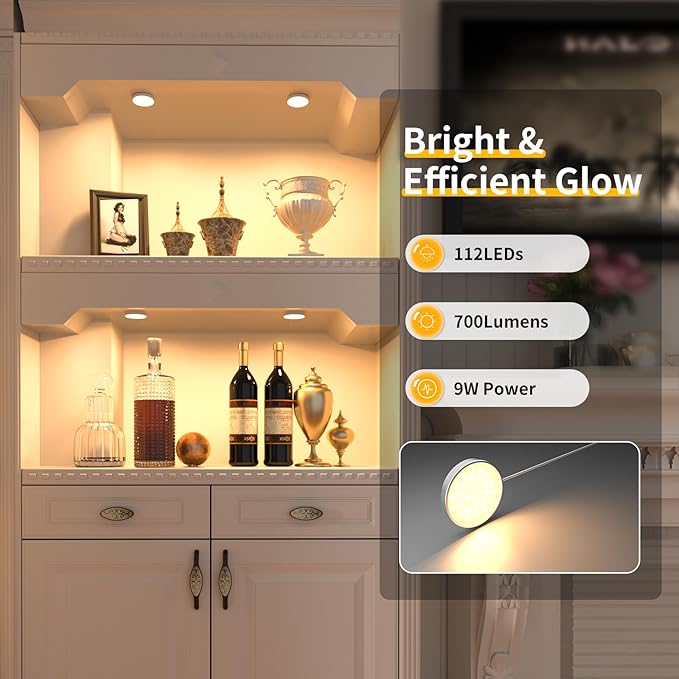 WOBANE Dimmable LED Puck Lights, Under Cabinet Lighting with Switch, Plug in Under Counter Lighting for Shelf, Closet, Cupboard, Bookcase, Display, Super Bright, 2700K Warm White, 4 Pack
