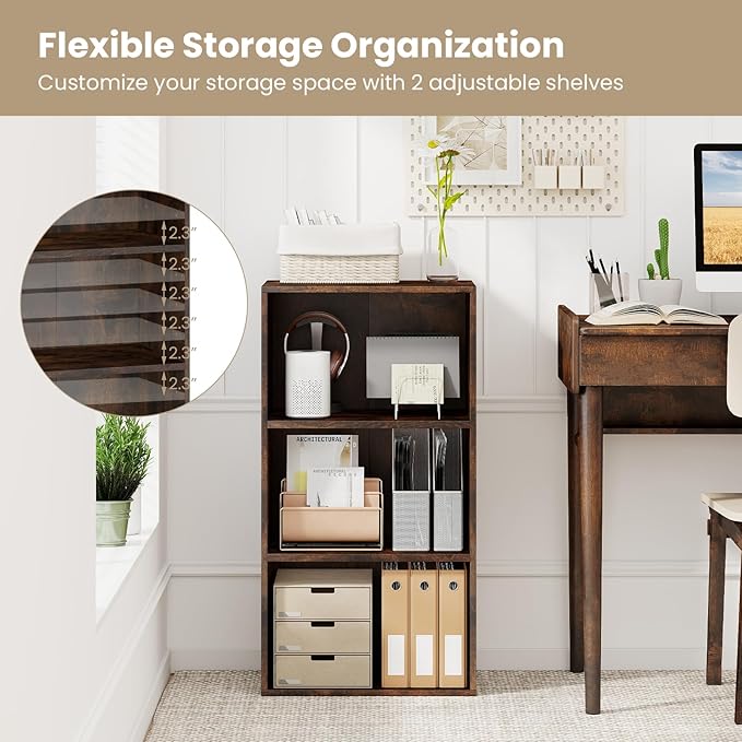 Giantex 3 Tier Bookcases Set of 2, 31.5" Bookshelf Cube Storage Organizer, Open Storage Cabinet Multi-Functional Home Office Bedroom Furniture Display Bookcases, Rustic Brown