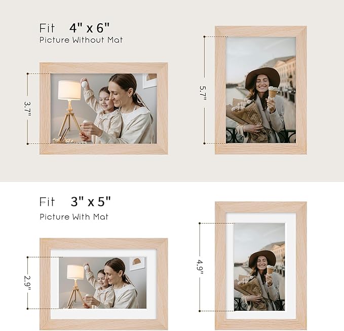 puthiac 4x6 Solid Oak Wood Picture Frame, Fits 3x5 with Mat or 4x6 Without Mat, Wall or Tabletop Display with Stand, Vertical or Horizontal, Plexi Front, 3 Pack, Natural Oak