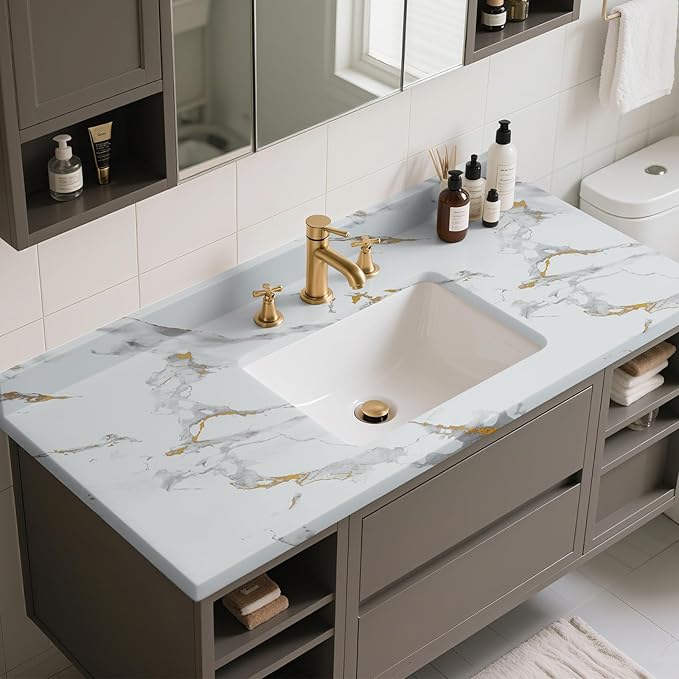 practicalWs Glossy Marble Wallpaper Peel and Stick White/Gold Granite Contact Paper Removable Wall Paper for Kitchen Countertop Cabinet Furniture 35.4