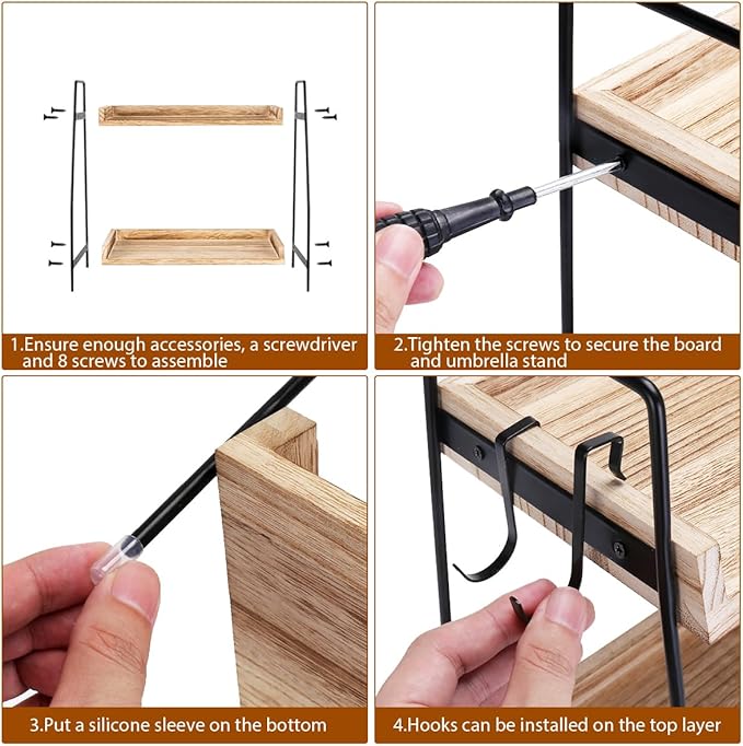 2-Tier Coffee Station Organizer for Countertop, Wooden Coffee Bar Organizer with 2 Cup Hooks, Countertop Storage for Bathroom, Kitchen, Holiday Decorations