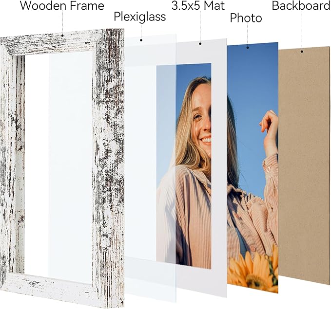 Vittanly 4x6 Picture Frame Set of 4, Display Pictures 3.5x5 with Mat or 4x6 without Mat, Engineered Wood with Shatter Resistant Plexiglass, Small Photo Frames for Wall or Tabletop, Distressed White