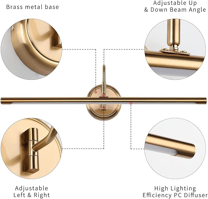 JOOSENLUX Dimmable Led Picture Lights 24.4'' Brass Golden-Like Hard-Wired Display Lighting for Paintings with Swing Arm Wall Mount Brief Metal Artwork Hallway Sconce Lamps 14W Warm White 3000K