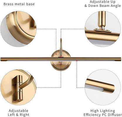 JOOSENLUX Dimmable Led Picture Lights 24.4'' Brass Golden-Like Hard-Wired Display Lighting for Paintings with Swing Arm Wall Mount Brief Metal Artwork Hallway Sconce Lamps 14W Warm White 3000K
